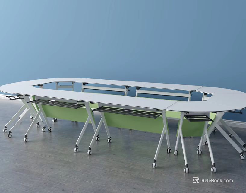 Round White Mobile Desk With Rolling Wheels And Green Storage Compartments 3d model 