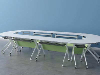 Round White Mobile Desk With Rolling Wheels And Green Storage Compartments 3d model