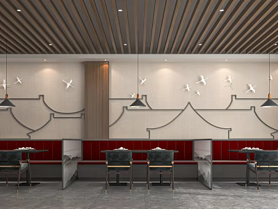 Modern Restaurant Interior With Wooden Ceiling Red Seats And Bird Wall Decor 3d model