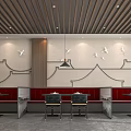 Modern Restaurant Interior With Wooden Ceiling Red Seats And Bird Wall Decor