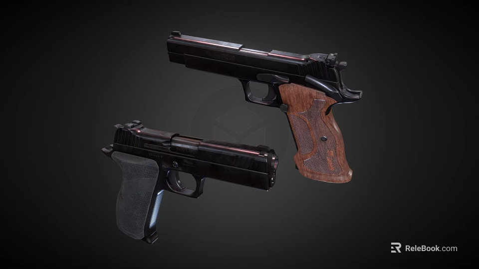 Two Modern Pistols with Wooden And Black Grips Detailed Design And Sleek Finish 3d model 