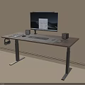 Standing Desk with Dark Wooden Top Metal Frame Monitor Speakers Headphones and Keyboard