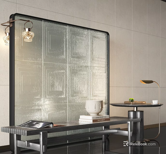 Modern Interior Living Space With Stylish Sofa Bench Mirror Table Lamp And Books 3d model 
