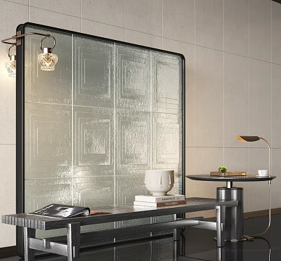 Modern Interior Living Space With Stylish Sofa Bench Mirror Table Lamp And Books 3d model