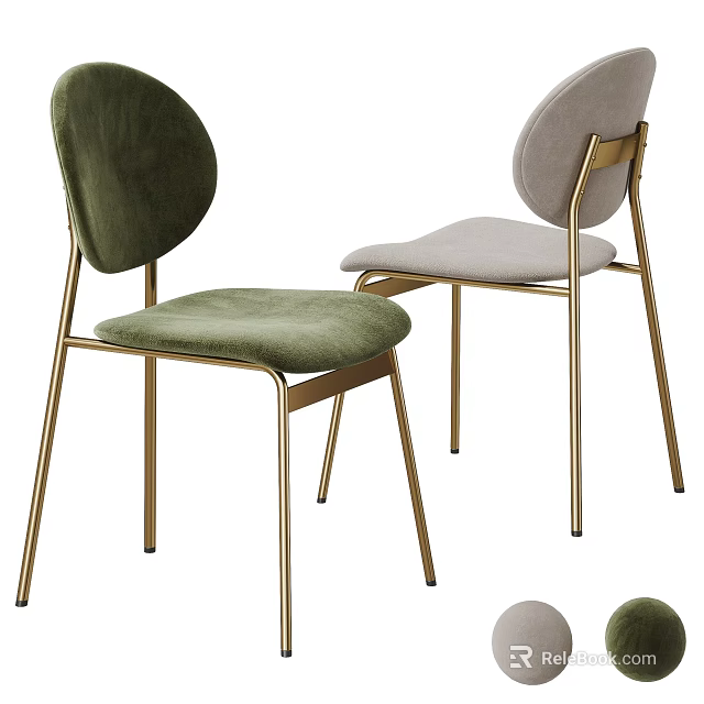 Modern Velvet Green And Light Gray Single Chair With Round Back And Golden Metal Legs 3d model 