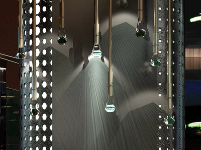 Hanging Chandeliers With Green Bulbs On Perforated Metal Panels And Light Shadow Effect 3d model
