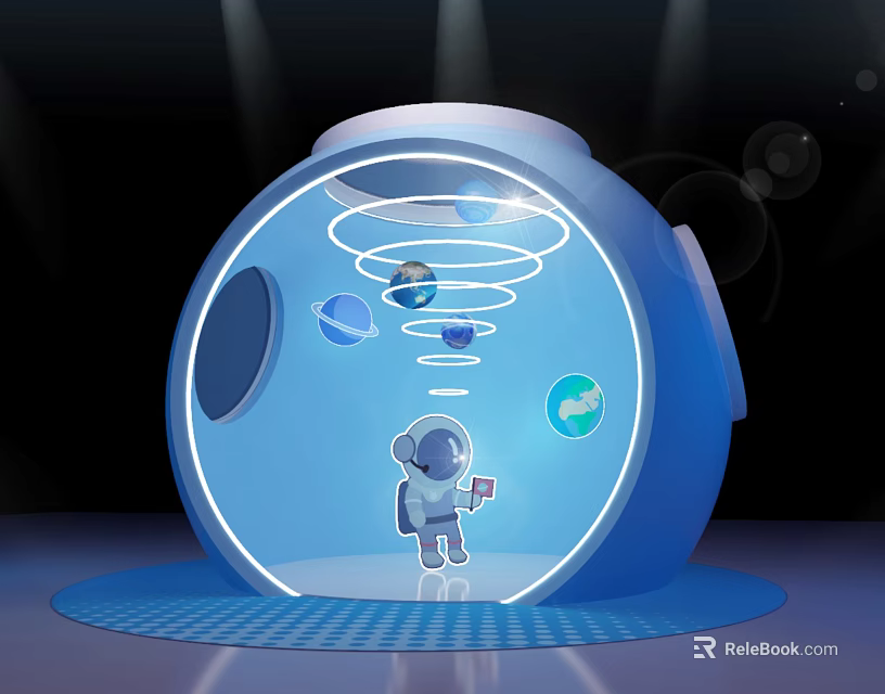Blue Spherical Device With Astronaut Holding Tablet Planets And Spiral Lines 3d model