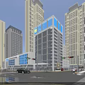 Commercial Street Night Scene Featuring High Rise Buildings Blue Lit Glass Facade Pedestrians And Vehicles
