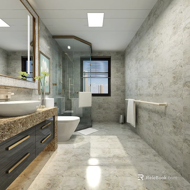 Modern Luxury Marble Themed Bathroom With Functional Vanity Toilet And Glass Enclosed Shower Space 3d model 