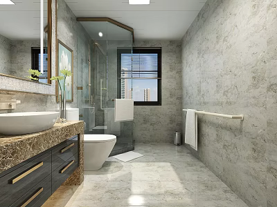 Modern Luxury Marble Themed Bathroom With Functional Vanity Toilet And Glass Enclosed Shower Space 3d model