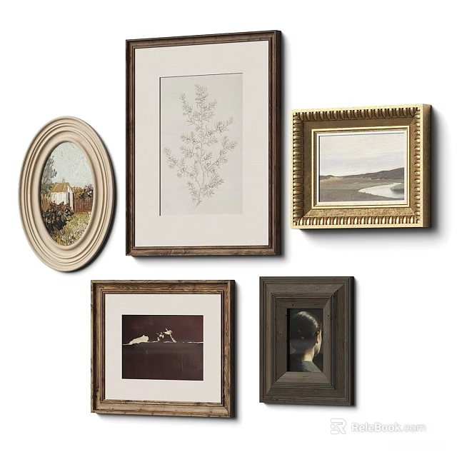 Assorted Picture Frames With Oval Rectangular Shapes And Artwork Prints 3d model