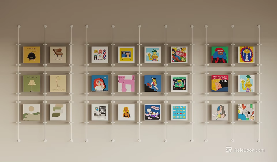 Abstract Paintings on Wall Arranged in White Grid Shelves with Diverse Styles and Vibrant Colors 3d model 