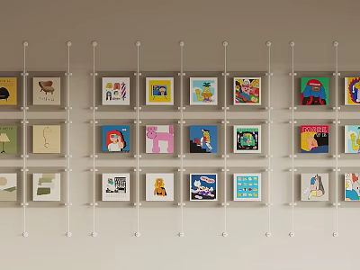 Abstract Paintings on Wall Arranged in White Grid Shelves with Diverse Styles and Vibrant Colors 3d model