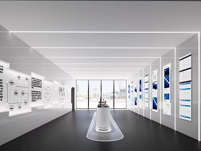 Modern Exhibition Hall with Wall Display Panels Linear Lighting and Central White Display Stand 3d model