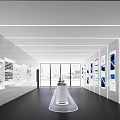 Modern Exhibition Hall with Wall Display Panels Linear Lighting and Central White Display Stand