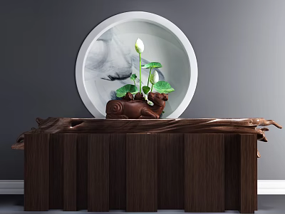 Natural Wood Console Table With White Lotus Plant And Round Decorative Painting 3d model