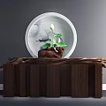 Natural Wood Console Table With White Lotus Plant And Round Decorative Painting