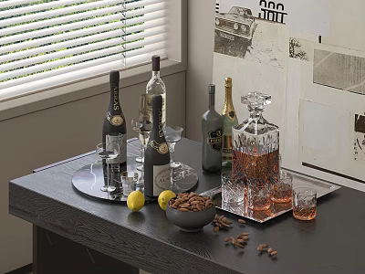 Wine Bottles And Glasses On Table With Nuts And Lemons 3d model