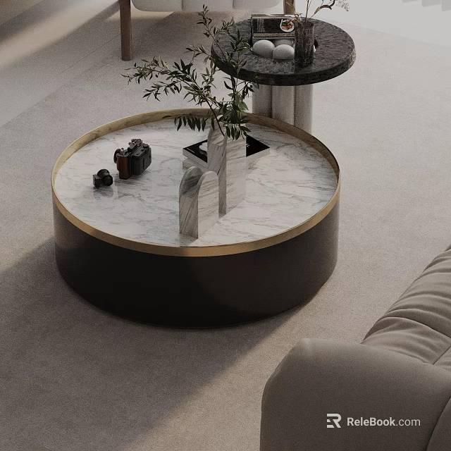 Light Colored Sofa And Round Marble Top Coffee Table With Gold Frame Decorations And Plant 3d model 