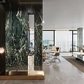 Modern Office Interior With Black Desk Gray Chairs Green Plants Floor Lamp And Marble Decor
