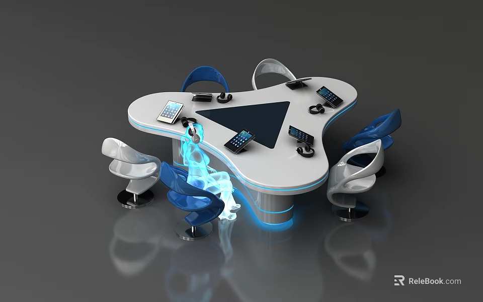 Modern Office Desk With Irregular Shape Blue White Chairs And Electronic Devices 3d model 