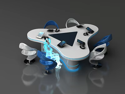 Modern Office Desk With Irregular Shape Blue White Chairs And Electronic Devices 3d model