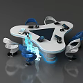Modern Office Desk With Irregular Shape Blue White Chairs And Electronic Devices