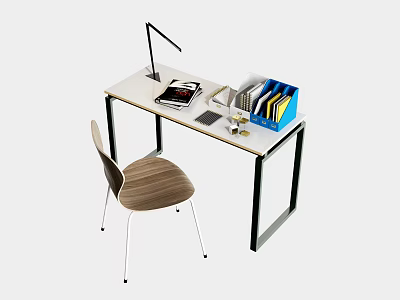 Home Office Desk with Chair Lamp Notebook Cup and File Organizer 3d model