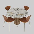Modern Round Dining Table Set With Marble Top Fluted Base And Four Brown Leather Chairs 3d model