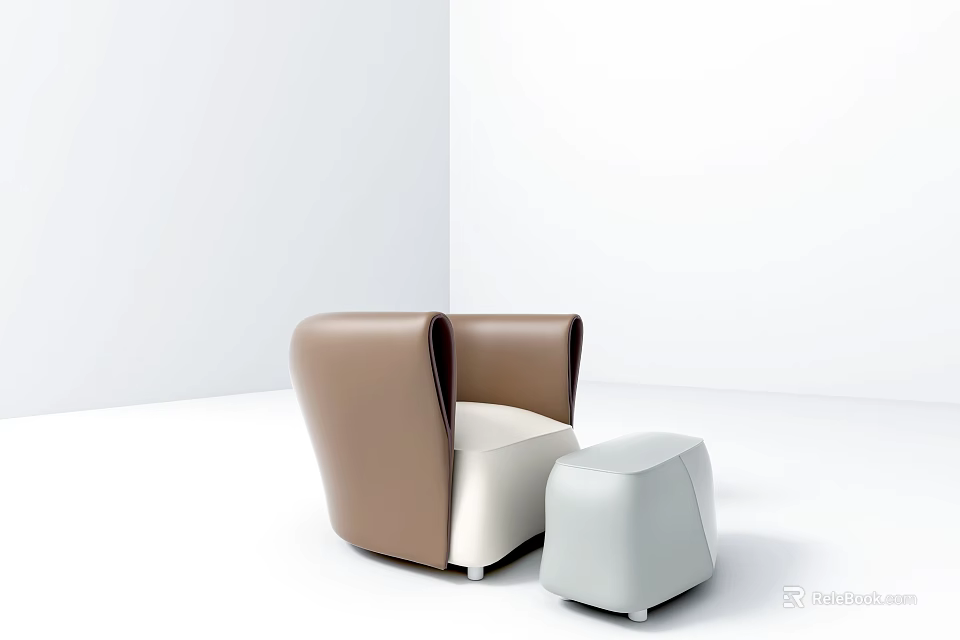Modern Single Seater Sofa With Beige Upholstery And White Ottoman 3d model 