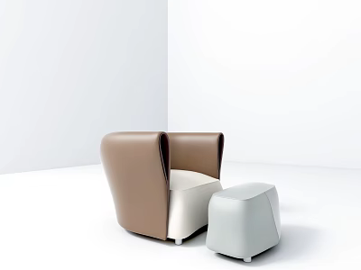 Modern Single Seater Sofa With Beige Upholstery And White Ottoman 3d model