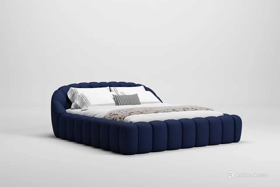 Navy Blue Double Bed with Upholstered Headboard and Soft Pillows Blanket 3d model