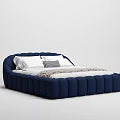 Navy Blue Double Bed with Upholstered Headboard and Soft Pillows Blanket 3d model