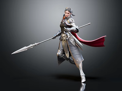 Fantasy Female Warrior In Silver Armor With Spear And Red Cape 3d model