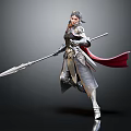 Fantasy Female Warrior In Silver Armor With Spear And Red Cape