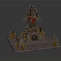 Cartoon Scene Of Mystical Castle With Spiked Roofs Red Windows And Golden Decorations