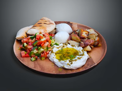 Delicious Mediterranean Food Platter with Pita Bread Tomato Cucumber Salad Boiled Eggs Roasted Potatoes and Yogurt Dip 3d model