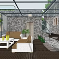 Traditional Stone Homestay Building With Glass Doors Green Plants And Courtyard