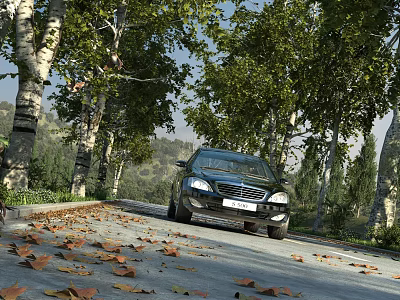 Scenic Road Facilities With Lined Trees Fallen Leaves And Passing Car 3d model
