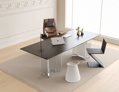 Modern Black Desk with Clear Acrylic Legs Laptop Lamp Decorative Items Brown Chair Beige Rug 3d model