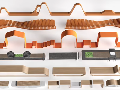 Diverse Landscape Seating Designs With Curved Shapes And Wooden Textures 3d model