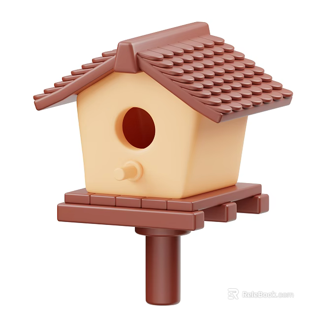Cute Beige Brown Birdhouse Decorative Ornament Set With Tile Roof Circular Entrance And Wooden Base 3d model 