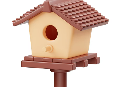 Cute Beige Brown Birdhouse Decorative Ornament Set With Tile Roof Circular Entrance And Wooden Base 3d model