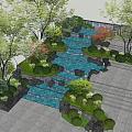 Garden Feature With Cascading Waterfall Stone Steps Rocks And Green Plants 3d model