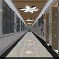 Bright Elevator Hallway With Wooden Ceiling Purple Flower Lights Large Windows And Colorful Decorations