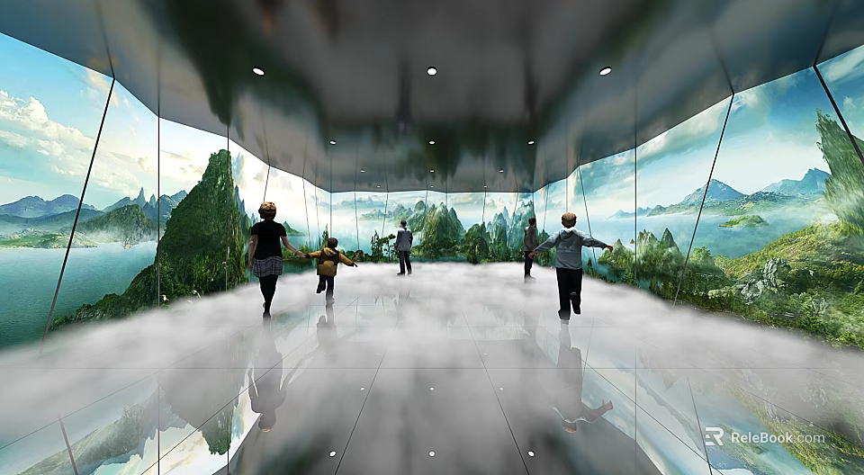 Mirrored Indoor Space With Misty Floor People Walking And Mountain Scenery 3d model 