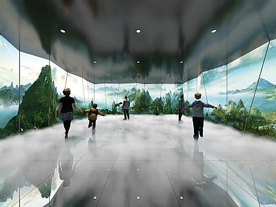 Mirrored Indoor Space With Misty Floor People Walking And Mountain Scenery 3d model