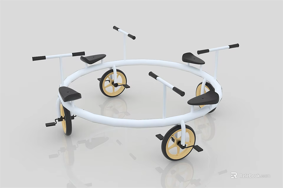 Circular Playground Equipment with White Frame Four Black Seats Handles and Yellow Wheels 3d model 