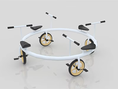 Circular Playground Equipment with White Frame Four Black Seats Handles and Yellow Wheels 3d model