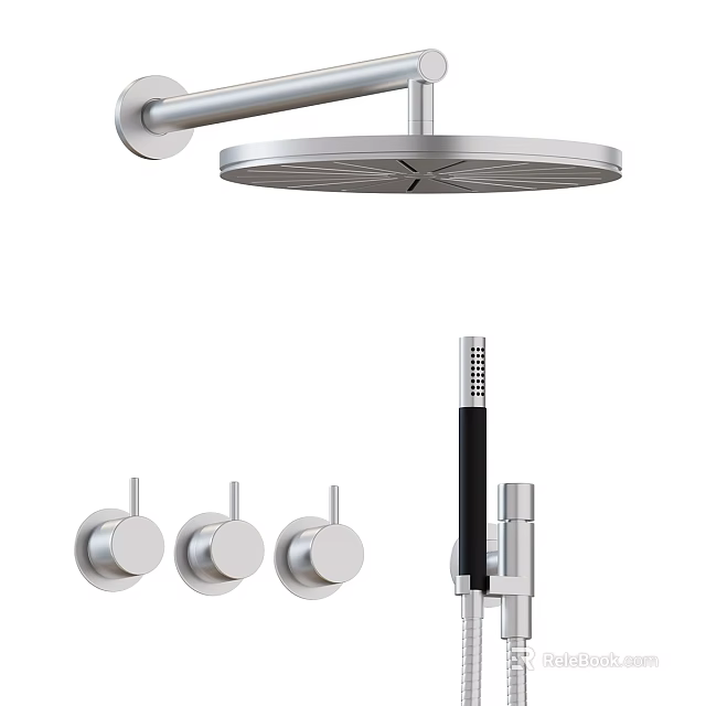 Modern Chrome Shower Faucet System With Overhead Showerhead Handheld Spray And Control Knobs 3d model 